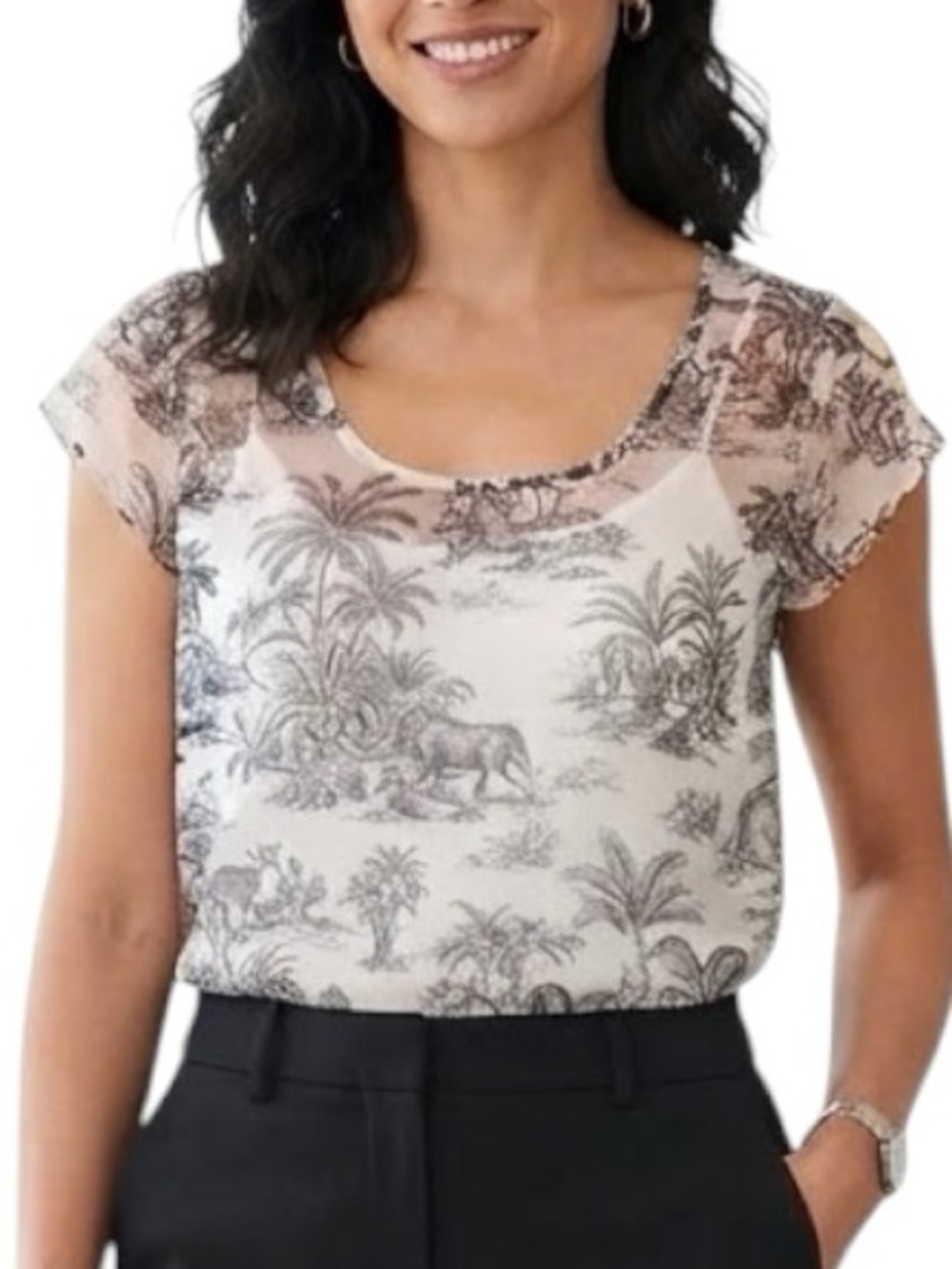 TAMARA H Toile De Jouy Floral Surplice Flutter Sleeve Lined Blouse M